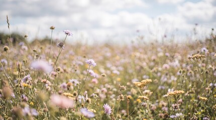 Fototapeta premium A wild flower meadow blurred softly into a bokeh background