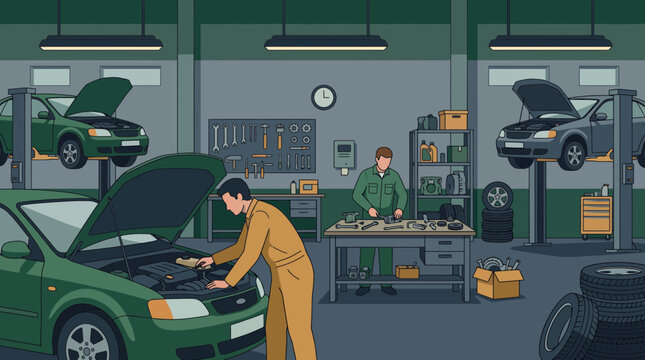 Professional mechanics repairing cars in a modern automotive workshop with tools and lifts, illustrating professional vehicle maintenance services and representing automotive technical support