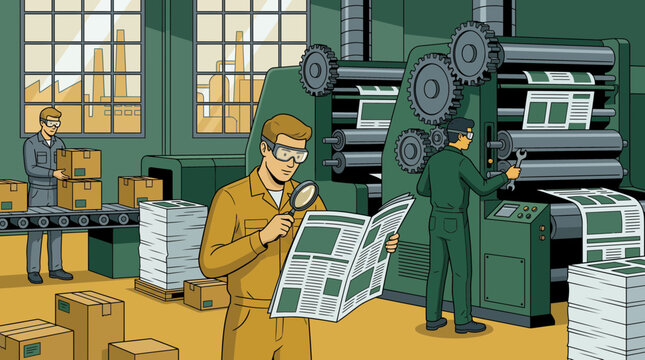 Workers operating large printing machinery and inspecting newspapers while another handles packaging in an industrial plant, illustrating manufacturing efficiency and symbolizing quality control