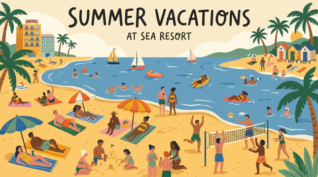 Artistic vector poster template featuring a vibrant summer vacation scene at a coastal sea resort with diverse people sunbathing on a sandy tropical beach under a bright sunny sky.