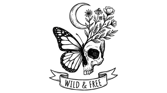 Artistic Symmetrical Illustration of a Half Butterfly Wing Merged with a Human Skull and Crescent Moon Adorned by Floral Branches for Tattoo Design and Apparel Print