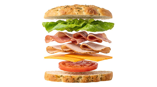 Deconstructed sandwich with ham lettuce cheese tomato and bread layers suspended in air, delicious meal.