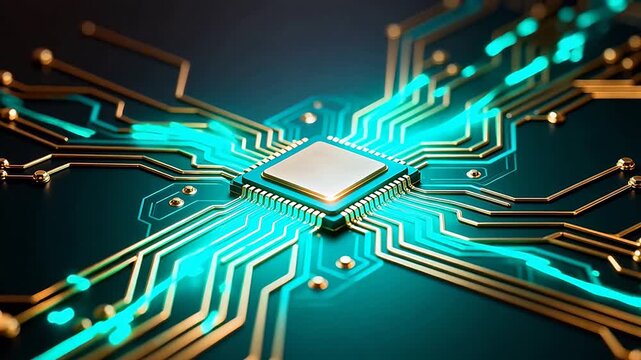 Closeup of a circuit board with a central chip