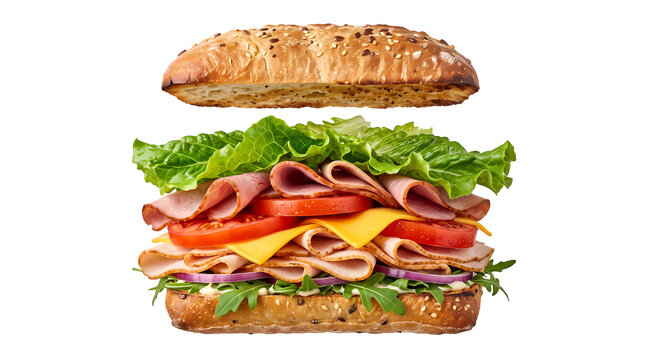 Deconstructed deli sandwich showing layers of meat cheese and vegetables.