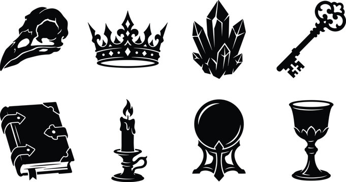 Set of black fantasy magic and medieval lore vector icons isolated on a white background