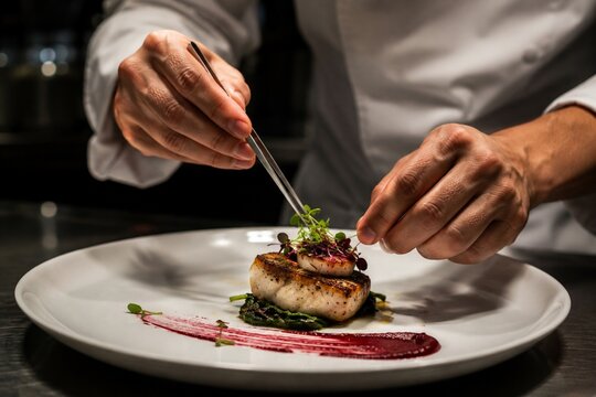 Chef plating gourmet seafood dish in fine dining restaurant
