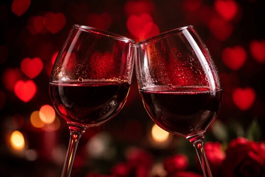 Two glasses of red wine clinking in a romantic candlelit setting