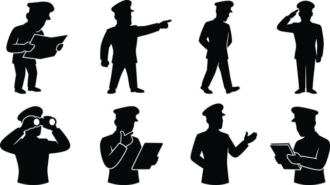 Set of military officer and captain silhouettes in different poses isolated on white background