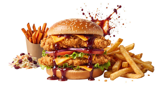 Double fried chicken burger with cheese lettuce tomato and fries on transparent background.