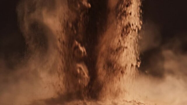 High speed slow motion splash of brown cocoa powder falling against dark background.
