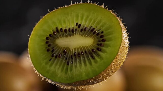 Macro Shot of a Sliced Juicy Kiwi Fruit Spinning in Slow Motion.
