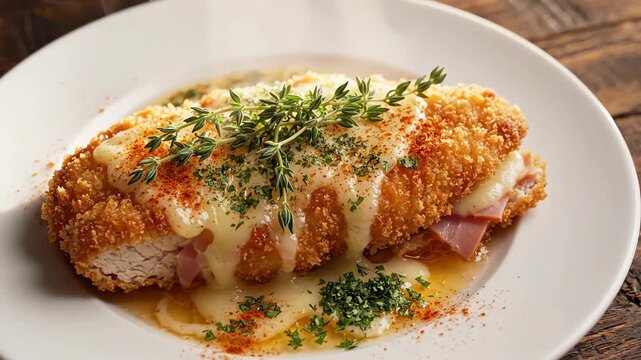 Overhead dolly shot of a plated chicken cordon bleu garnished with herbs on a dark wood surface with soft steam rising
