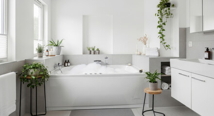 Fototapeta premium Modern Bathroom Oasis With Bubbling Bathtub And Lush Greenery