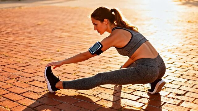 Woman stretching on brick pavement