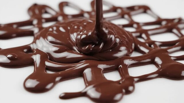 Melted Dark Chocolate Syrup Pouring into Lattice Pattern on White Background.