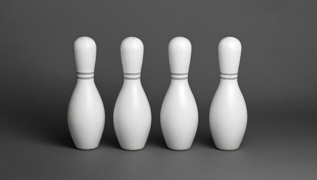 Four White Bowling Pins Standing Upright on a Dark Grey Surface