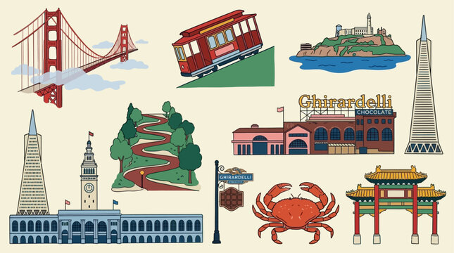 Comprehensive San Francisco Travel Vector Icon Collection Featuring Golden Gate Bridge, Historic Cable Car, Alcatraz Island Prison, Painted Ladies Houses, and Bay Area Landmark Symbols