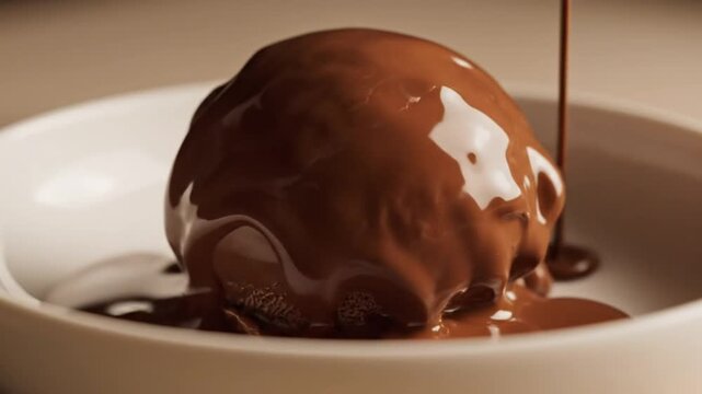 Rich chocolate sauce pouring over a scoop of delicious dark chocolate ice cream in a white bowl.