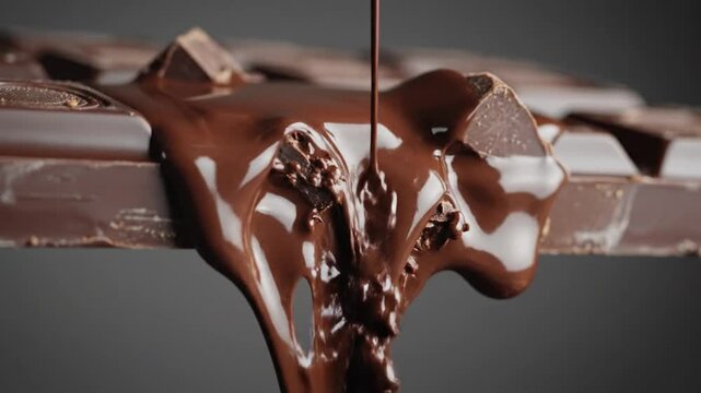 Rich Melted Chocolate Pouring Over Solid Dark Chocolate Bar.
