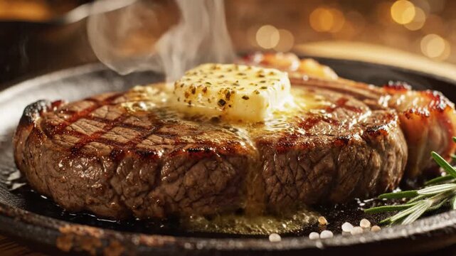 Sizzling Grilled Ribeye Steak with Melting Herb Butter on a Hot Cast Iron Skillet.