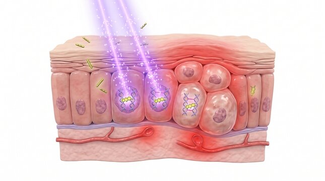 3D Microscopic Diagram of UV-A Induced Psoralen Phototoxicity in Skin Cells