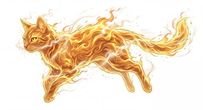 Cat made of fire running. Abstract feline creature composed of dancing flames and glowing embers. Fantasy illustration of a spectral pet with elemental energy and magical power.