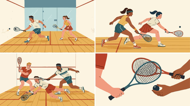 Dynamic set of professional padel and squash players rushing with rackets to hit a fast ball on an indoor court, showcasing intense athletic movement and competitive sport spirit.