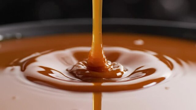 Slow motion pour of thick golden caramel sauce creating ripples and splashes.