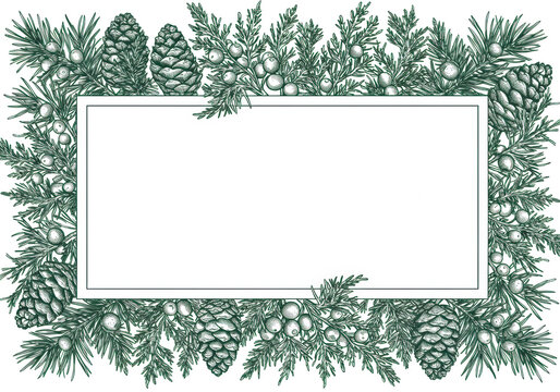 A precisely detailed emerald green hand-drawn rectangular ornamental border of pine cones, juniper, and evergreen sprigs on a bright white background with central copy space. Concept of antique
