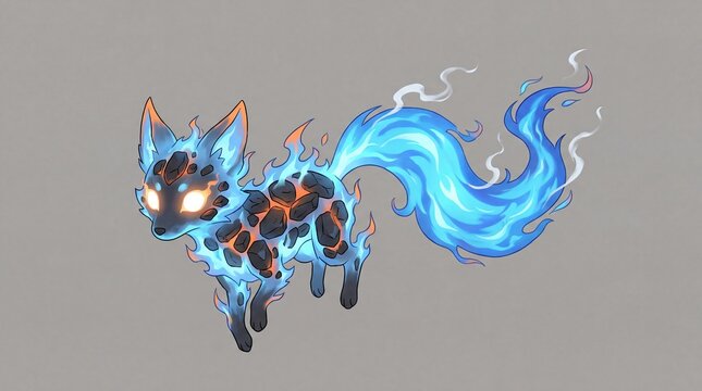 Fire fox creature with stone body and blazing blue flame tail. Fantasy monster character design for animation illustration. Magical spirit animal concept for game art and digital media.