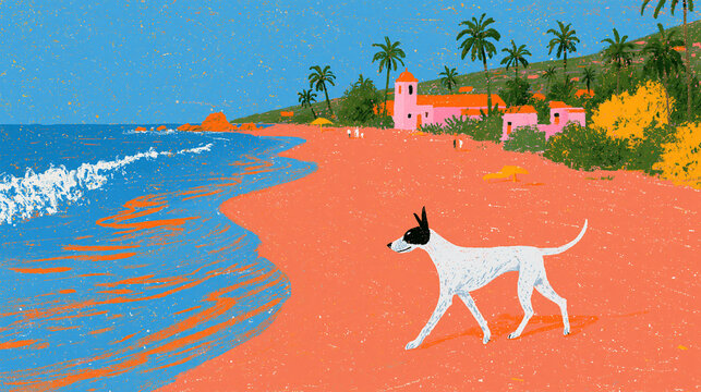 A white dog with a black head walks along a vibrant orange beach next to a blue ocean with waves, palm trees, and a pink building in the background.
