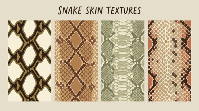 Seamless Pattern Collection of Exotic Snake Skin Animal Print Textures featuring Intricate Python Scale Backgrounds in Neutral Earthy Tones for Fashion Fabric and Luxury Interior Design