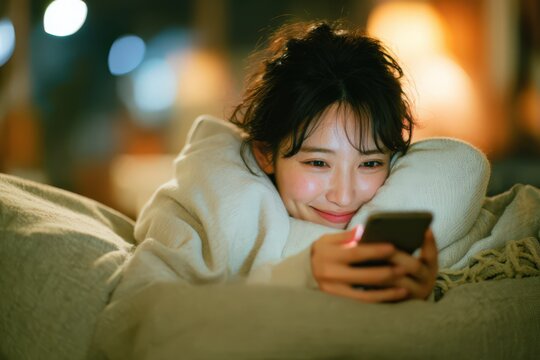 ソファでスマホを見る笑顔の女性