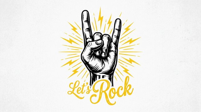Hand making rock on gesture with yellow lightning bolts and let's rock text on white background with illustration hand performing gesture surrounded