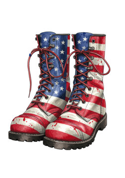 detailed watercolor painting of weathered, high-laced military combat boots covered in a distressed american flag design, splattering ink effects on a transparent background. concept of military