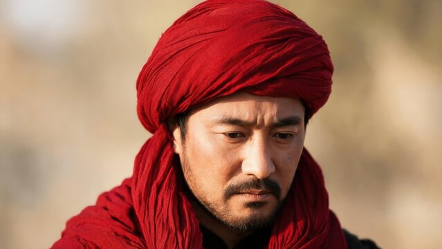 Man wearing red turban and scarf