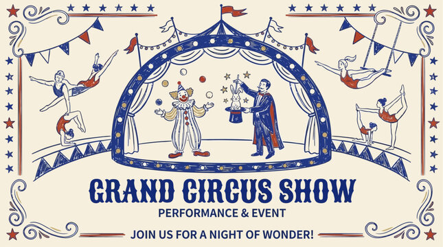 Elegant Circus Show Promotion Banner Design Featuring Talented Cirque Artists Performance Template for Entertainment Event Marketing and Spectacular Festive Carnival Celebration Announcement