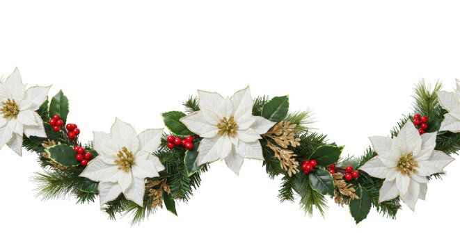 Lush white poinsettia garland border with red berries and holly, soft diffused studio light, text 'happy holidays' in script font on a transparent background. Elegant holiday decoration concept