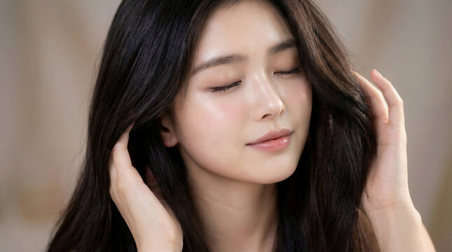 目を閉じて髪をかき上げながらうっとりする美しい日本人女性