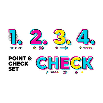 Bold 1234 numbers with graphic arrows and stars for point and check list
