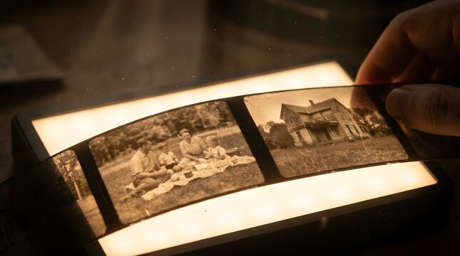 Hand holding old photographic film slides on a lightbox with photographic photography lightbox
