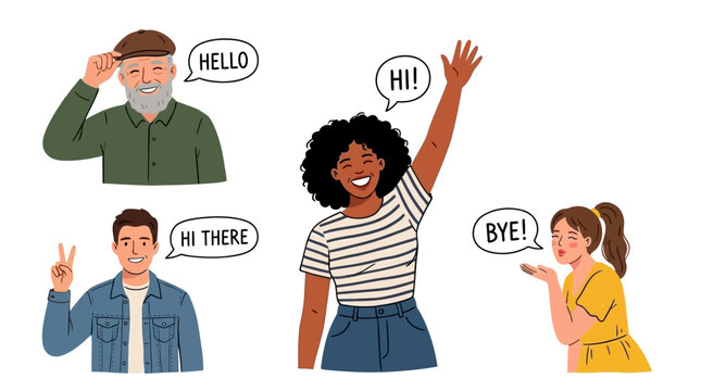 Diverse Collection of Cheerful Multicultural People Waving Hand in Friendly Greeting Gesture Isolated on White Background Various Characters Saying Hello Hi Welcome or Goodbye Illustration Set