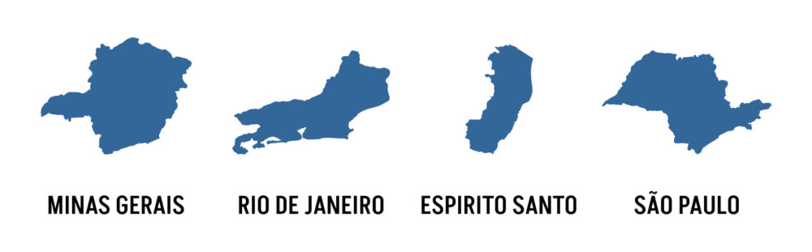 Vector Illustration of the Four Southeastern States of Brazil Maps Featuring Minas Gerais, Rio de Janeiro, Esp&iacute;rito Santo and S&atilde;o Paulo Isolated on Transparent Background