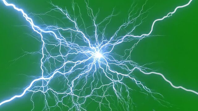 Dramatic blue lightning bolts flashing and striking across a bright green screen background for visual effects compositing