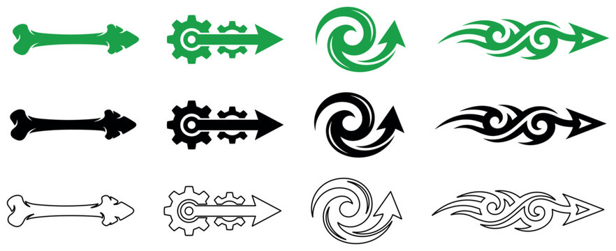 Abstract arrow icons set featuring tribal flames gear wheels and bone shapes in three styles.