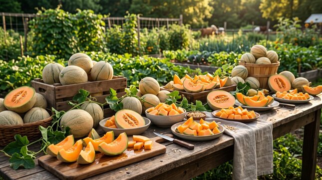 Commercial close-up food photography of fresh, ripe organic cantaloupe melons, showing a whole netted melon, a halved piece with seeds, and juicy orange slices on a wooden cutting board &ndash; premium groc