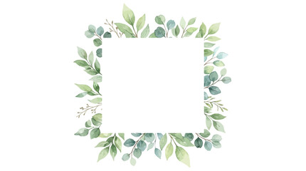 Fototapeta premium Elegant watercolor square frame adorned with lush green eucalyptus leaves and delicate branches, minimalist botanical greenery border for wedding invitations and floral stationery design.