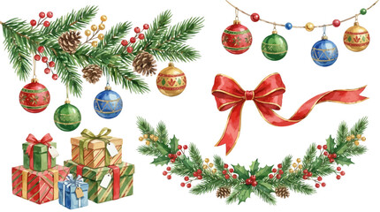 Elegant watercolor Christmas festive collection featuring evergreen fir branches, decorative glass balls, wrapped gift boxes, ornamental garlands, and a red velvet bow for seasonal holiday design. © Lang