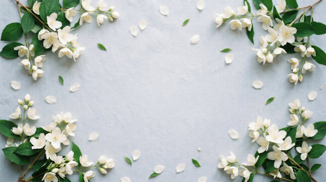 Beautiful jasmine flower branches frame light blue background, delicate floral border, fresh white petals, natural spring blossom composition.