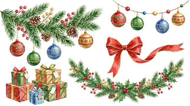 Elegant watercolor Christmas festive collection featuring evergreen fir branches, decorative glass balls, wrapped gift boxes, ornamental garlands, and a red velvet bow for seasonal holiday design.